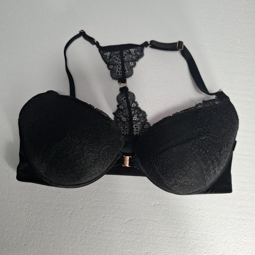 Victoria's Secret PINK Black Lace Racerback Push-Up Bra 36DD Front Clouse - Picture 3 of 9